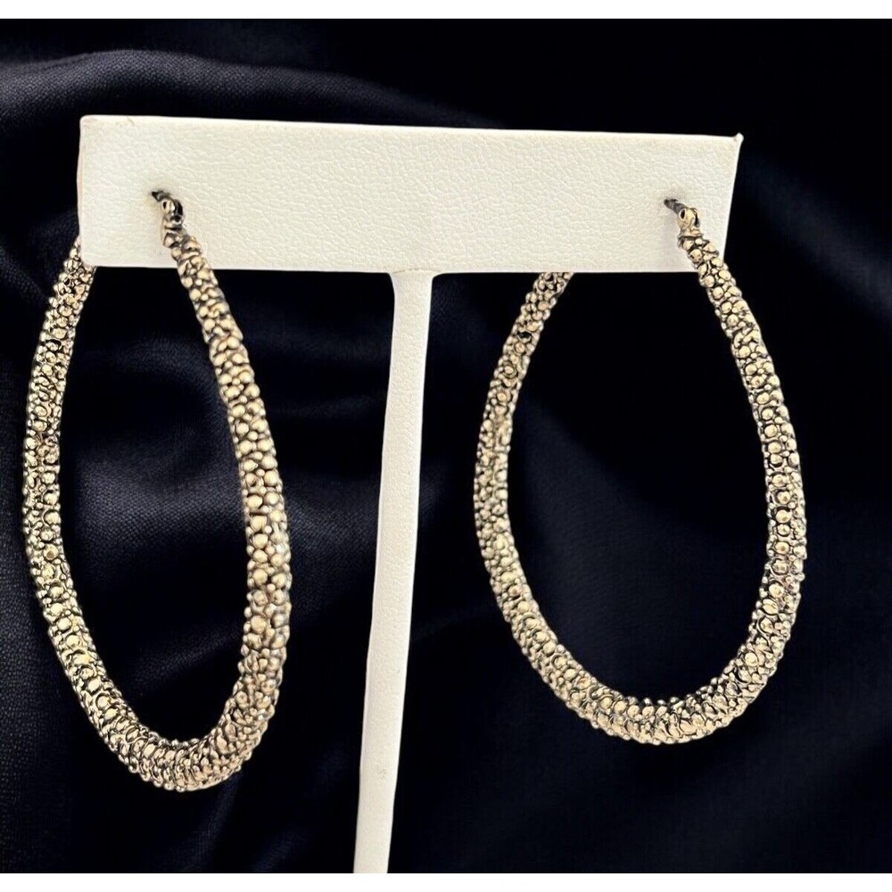 New Antique Gold Tone Hoop Earrings Textured - 9Y